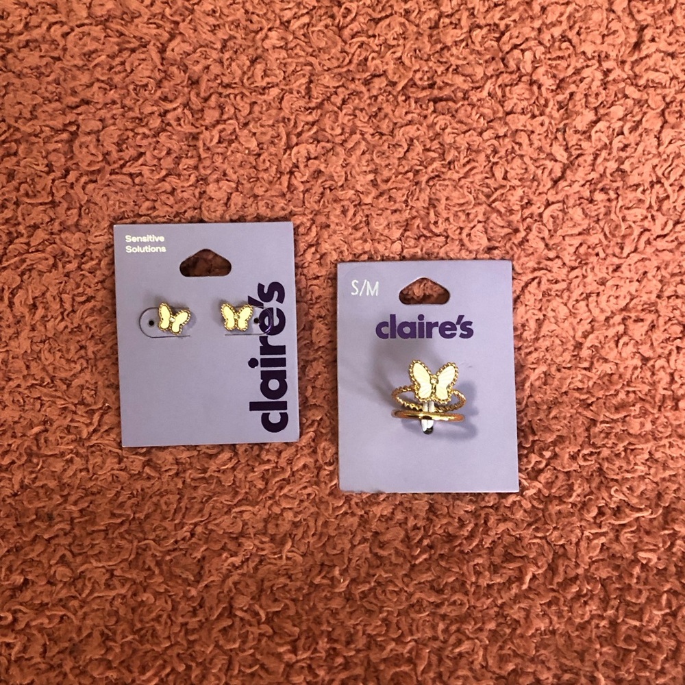 Claire's White and Gold Butterfly Ring & Earring Set